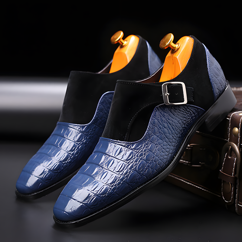 Men’s Crocodile-Embossed Leather & Suede Monk Strap Loafers with Metallic Buckle
