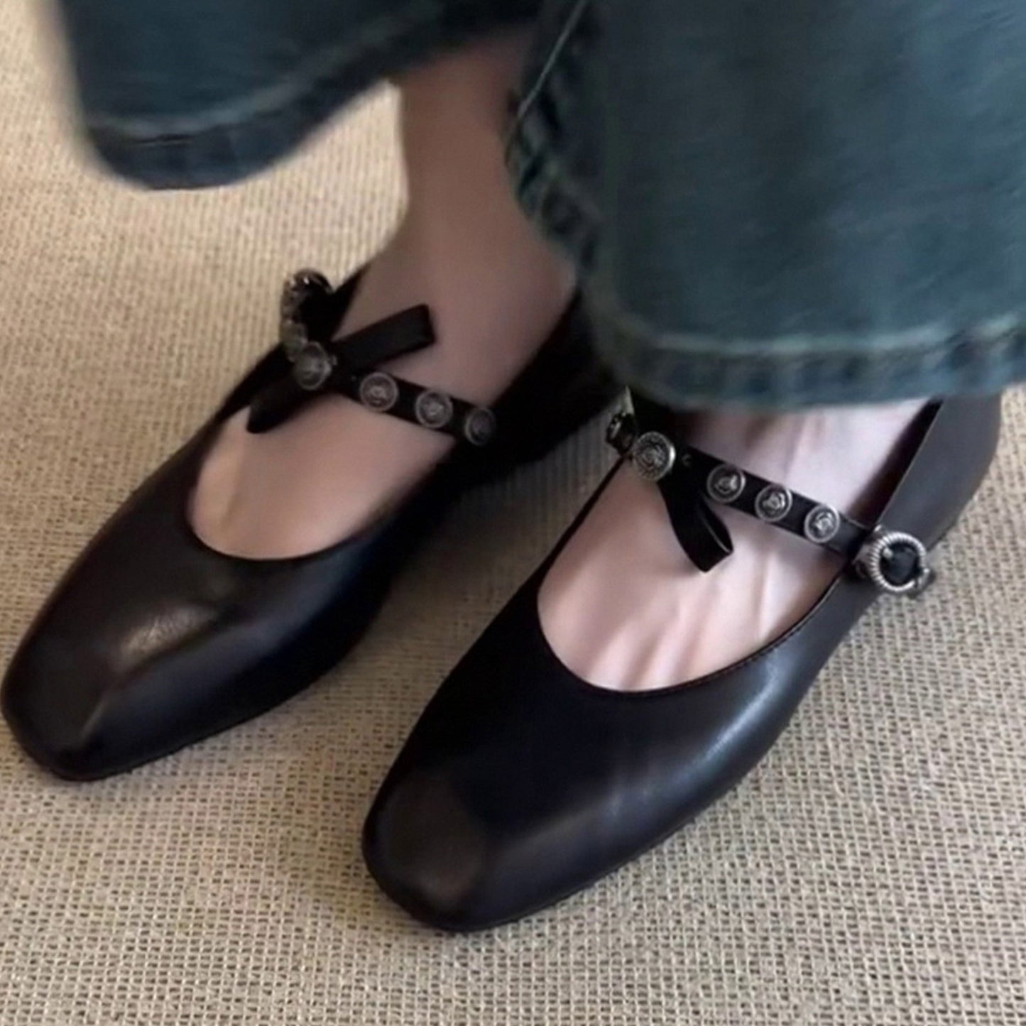 Classic Women's Mary Jane Flats with Metal-Studded Strap & Bow Detail