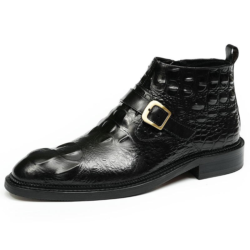 Men's Leather Chelsea Boots with Adjustable Buckle & Elastic Sides