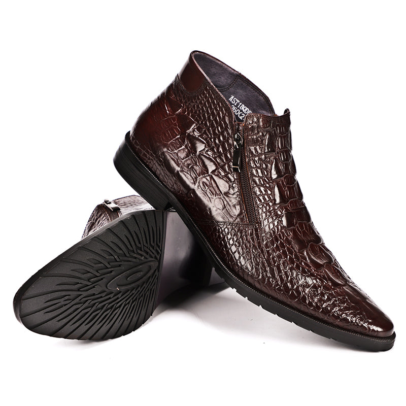 Men’s Crocodile-Pattern Leather Ankle Boots