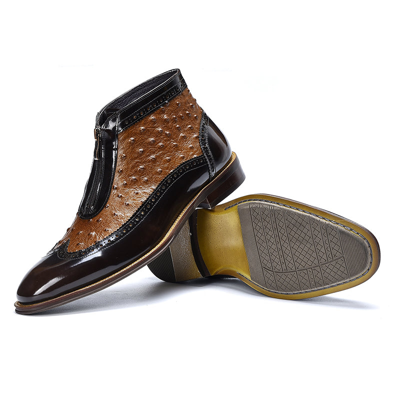 Men’s Two-Tone Ostrich Leather Zipper Boots