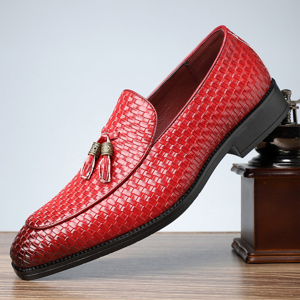 Men's Woven Tassel Loafers | with Square Toe & Low Block Heel