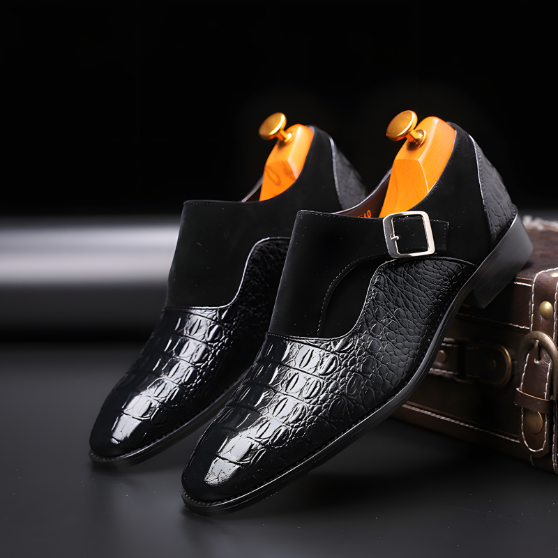 Men’s Crocodile-Embossed Leather & Suede Monk Strap Loafers with Metallic Buckle