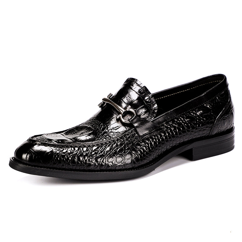 Men's Loafers Crocodile-Textured Leather Shoes with Metal Buckle