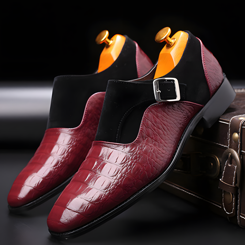 Men’s Crocodile-Embossed Leather & Suede Monk Strap Loafers with Metallic Buckle