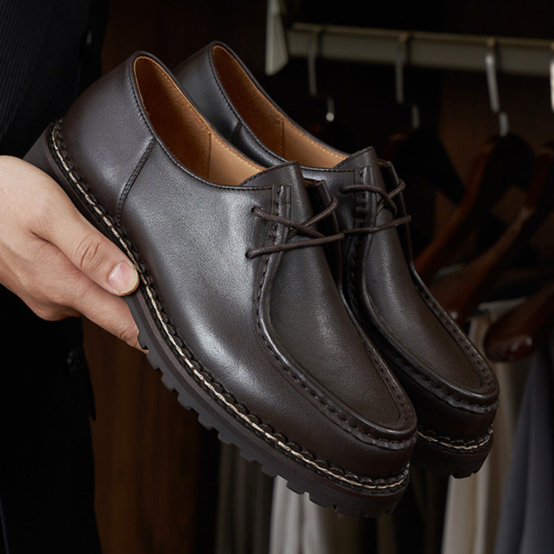 Men's Moccasin Shoes: Rounded Toe with Decorative Stitching and Lacing