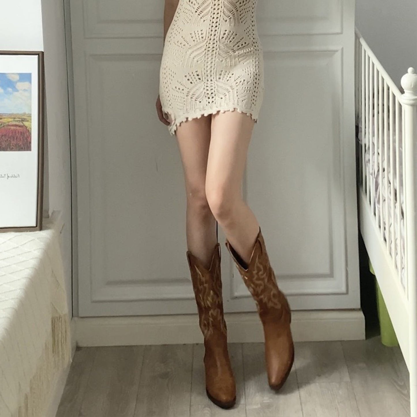 Women's Western Ankle Boots with Intricate Flame Stitch Detailing