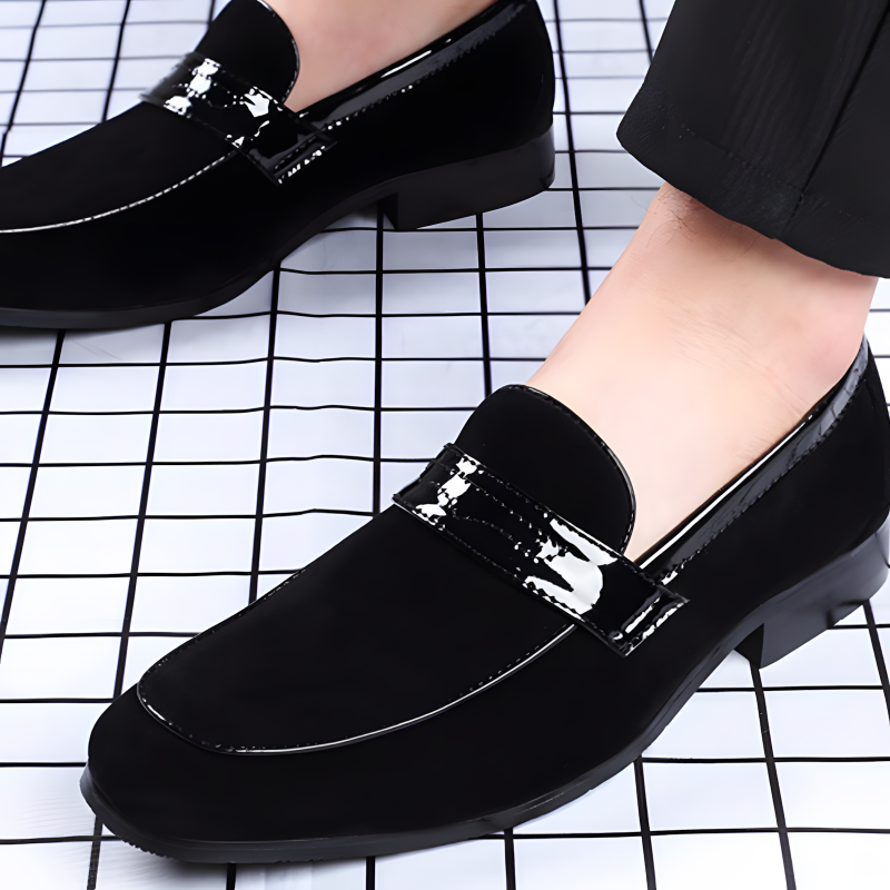 Men's Loafers Black Suede with Metal Accent Formal Slip-On Shoes