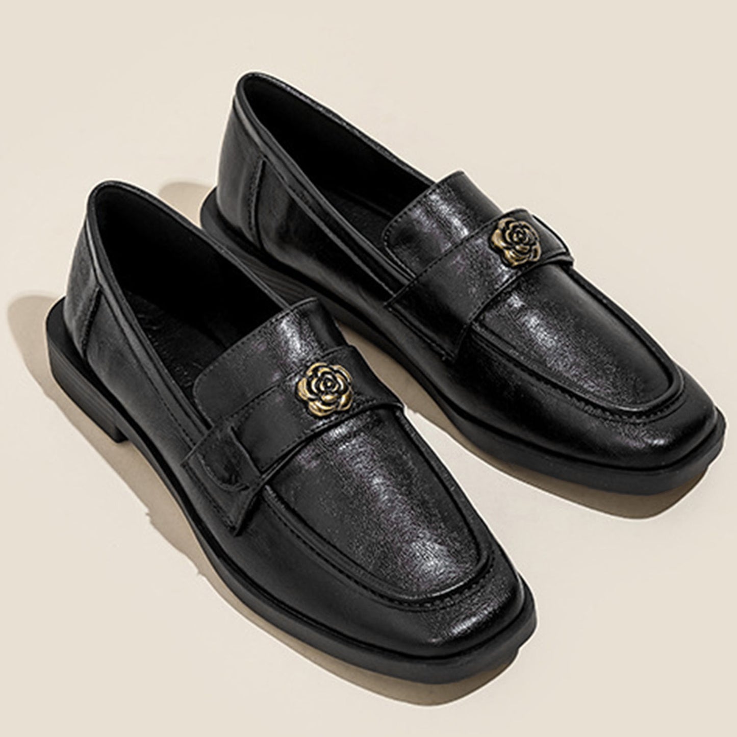 Women's Loafers: Elegant Square-Toe Leather Shoes with Delicate Floral Accent