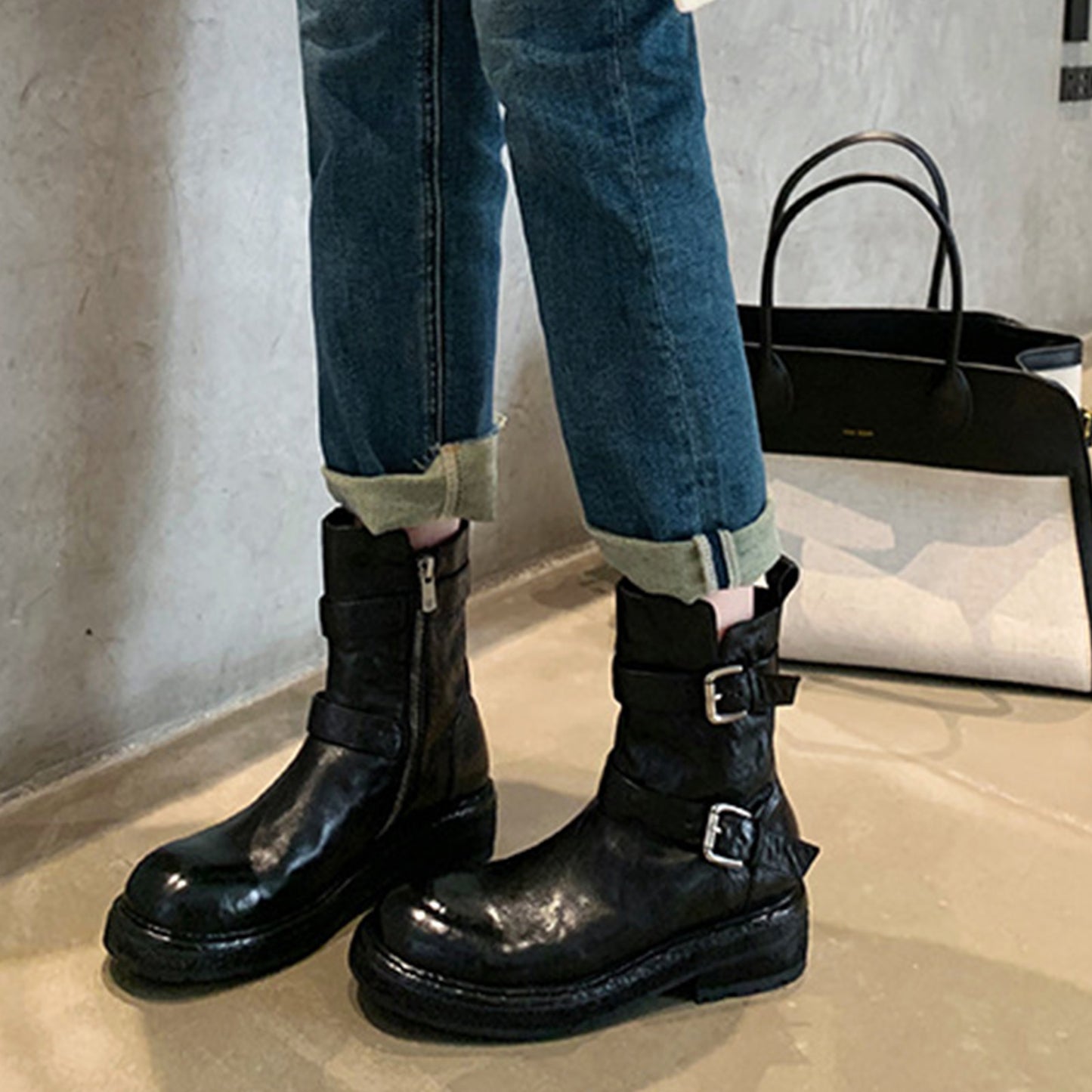 Women's Edgy Buckle Boots: Statement Dual Straps & Sleek Side-Zipper Access