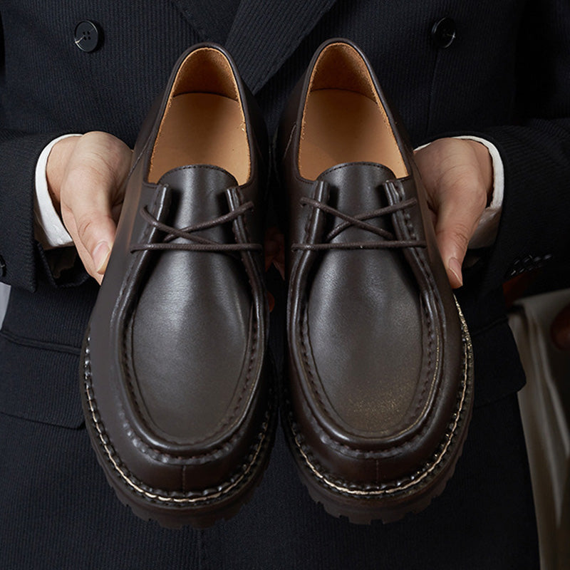 Men's Moccasin Shoes: Rounded Toe with Decorative Stitching and Lacing