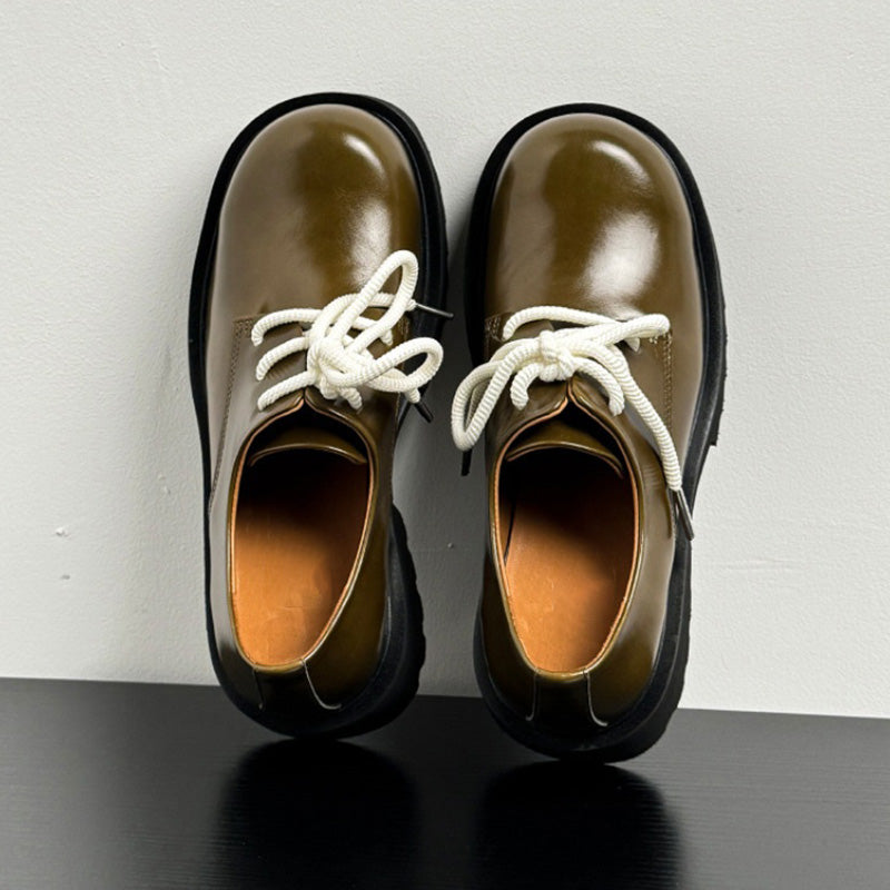 Calf Leather Derby Shoes Round Toe Slip Resistant Heightened Sole Avocado Green
