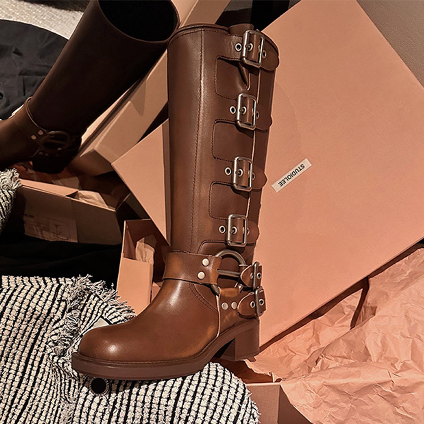 Women's Knee-High Boots with Edgy Metal Buckle Detail & Chunky Heel