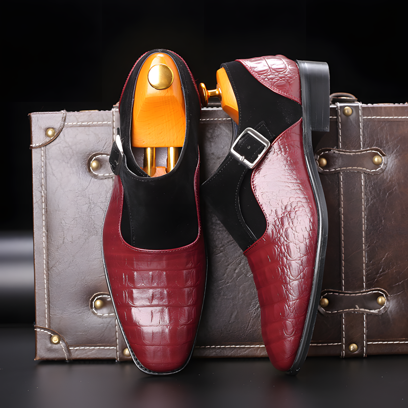 Men’s Crocodile-Embossed Leather & Suede Monk Strap Loafers with Metallic Buckle
