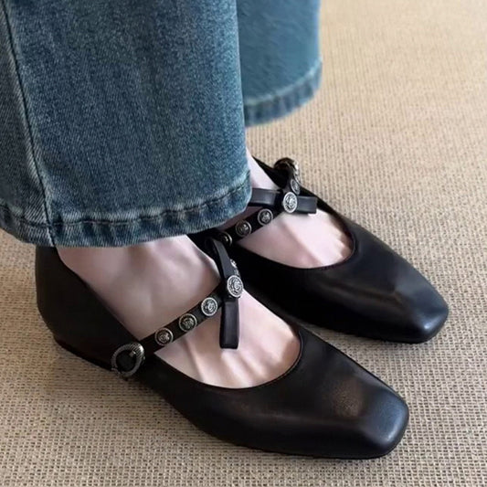 Classic Women's Mary Jane Flats with Metal-Studded Strap & Bow Detail