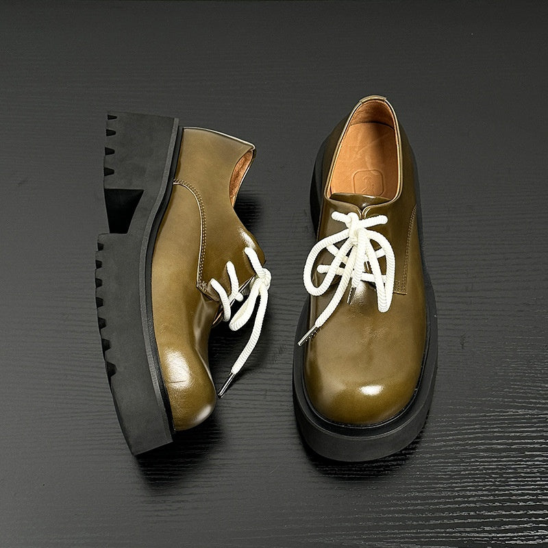 Calf Leather Derby Shoes Round Toe Slip Resistant Heightened Sole Avocado Green