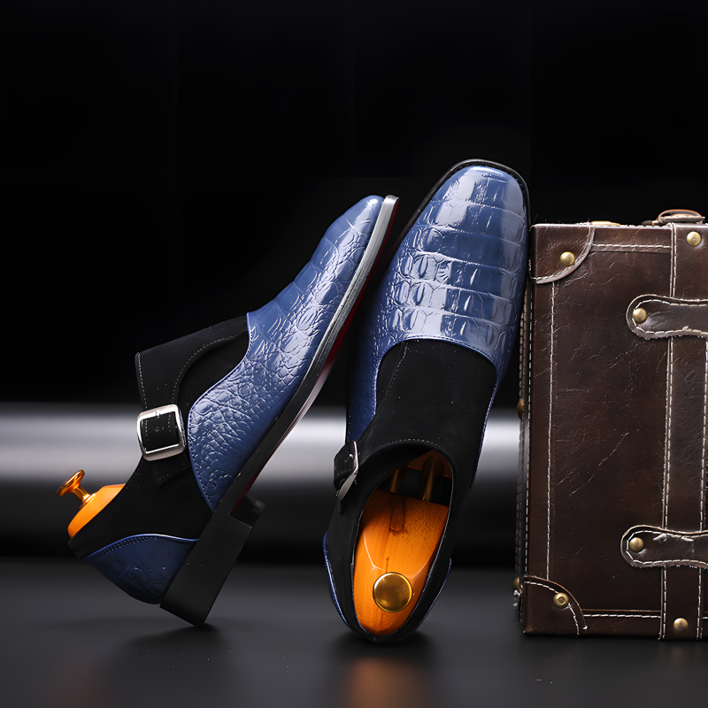 Men’s Crocodile-Embossed Leather & Suede Monk Strap Loafers with Metallic Buckle