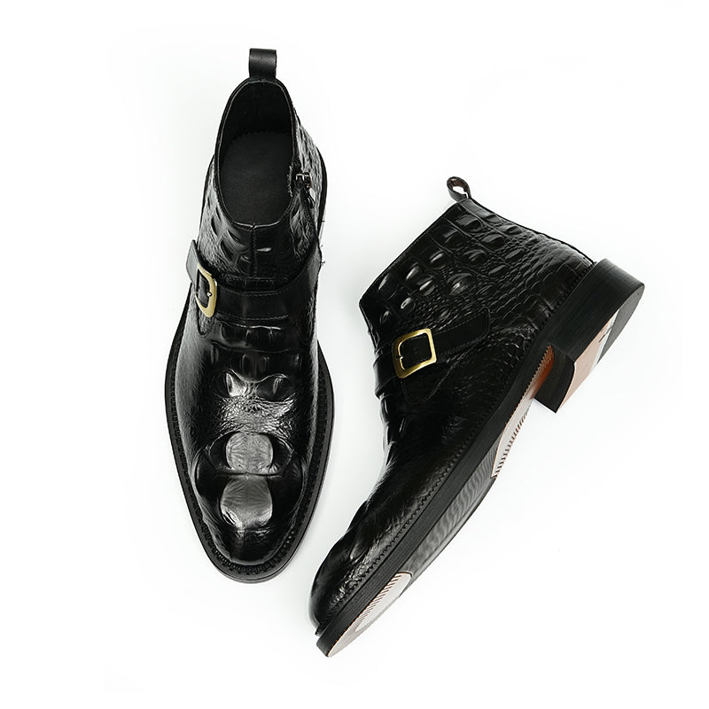 Men's Leather Chelsea Boots with Adjustable Buckle & Elastic Sides