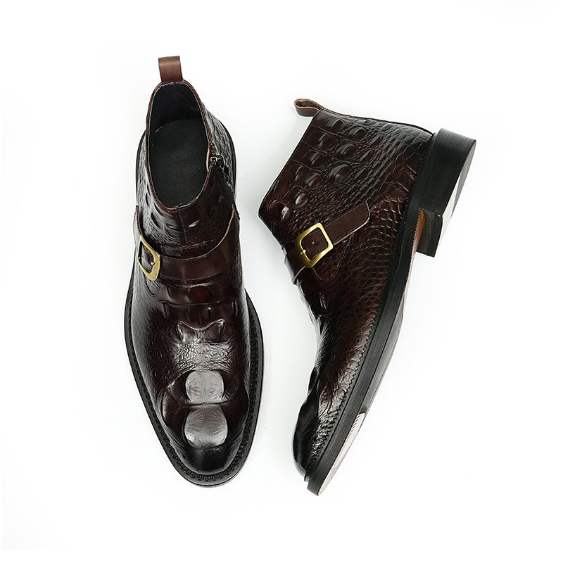 Men's Leather Chelsea Boots with Adjustable Buckle & Elastic Sides