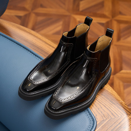 Men's Brogue Chelsea Boots: Artisan Stitching & Square-Toe Architecture