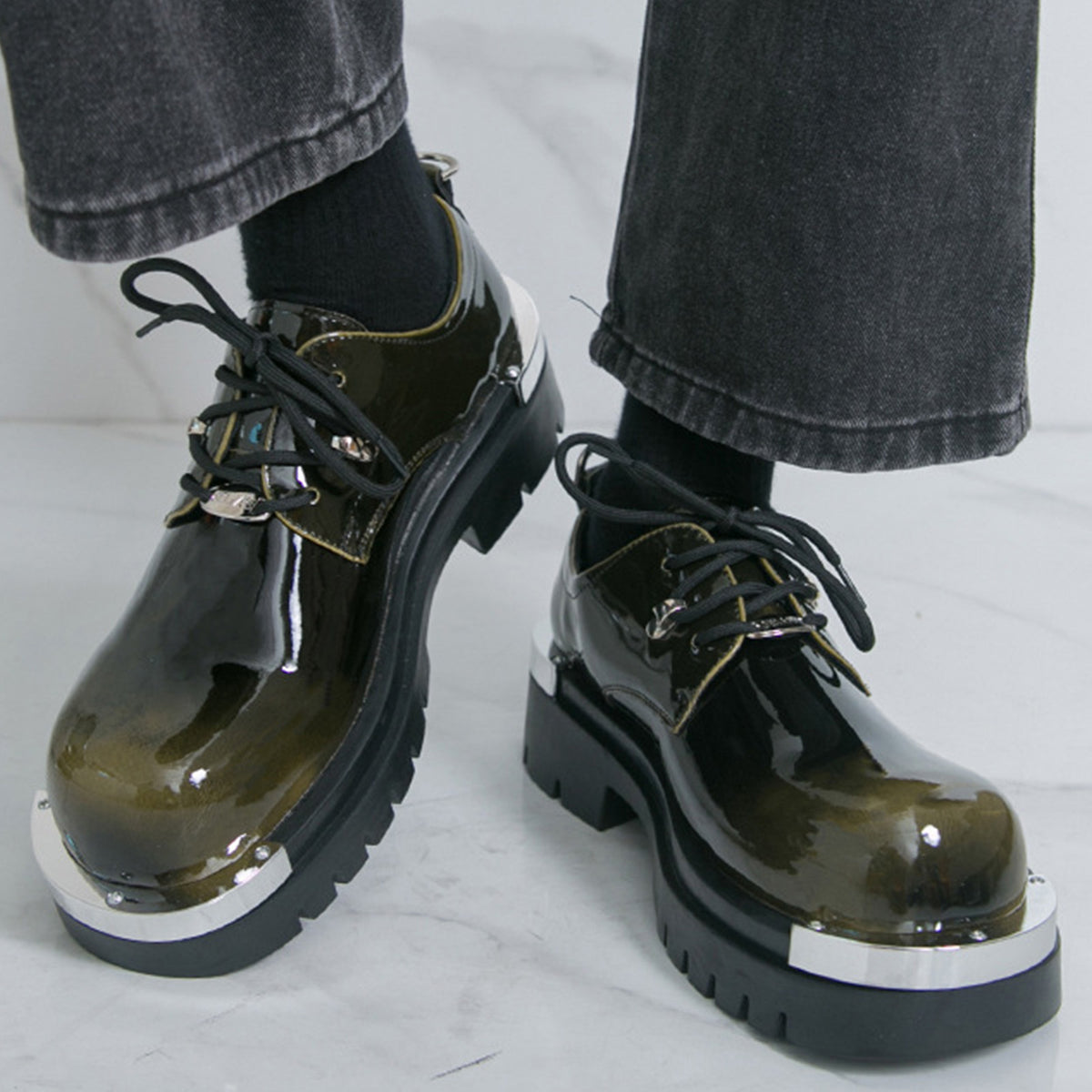 Men's  Glossy Derby Shoes | with Metal Toe Cap & Chunky Lug Sole