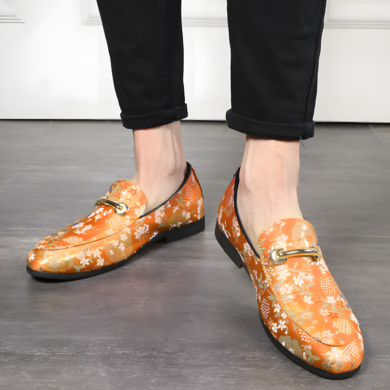 Men's Floral Pattern Loafers Orange & Green Slip-On Dress Shoes