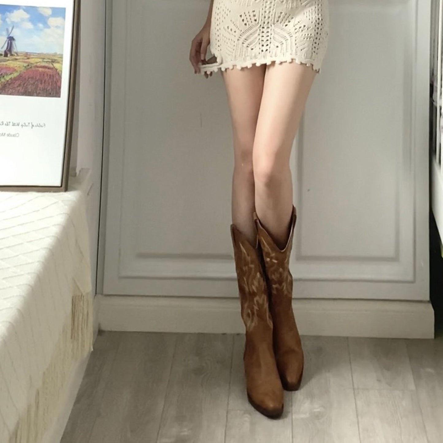 Women's Western Ankle Boots with Intricate Flame Stitch Detailing