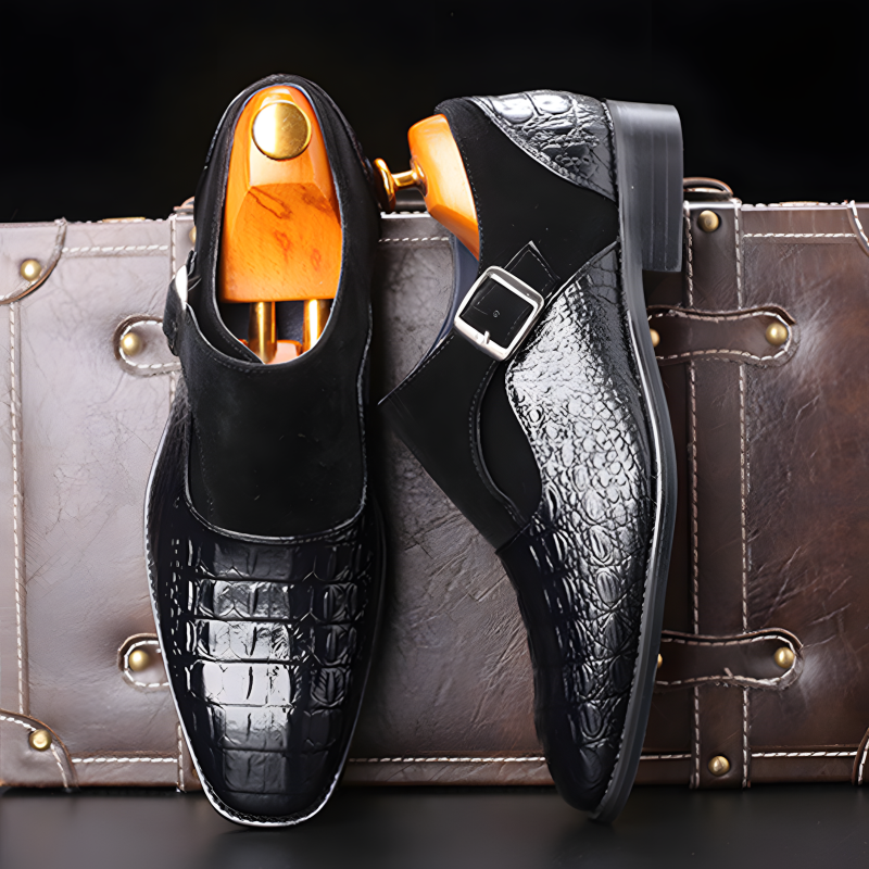 Men’s Crocodile-Embossed Leather & Suede Monk Strap Loafers with Metallic Buckle