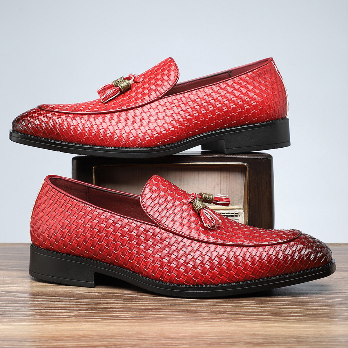 Men's Woven Tassel Loafers | with Square Toe & Low Block Heel