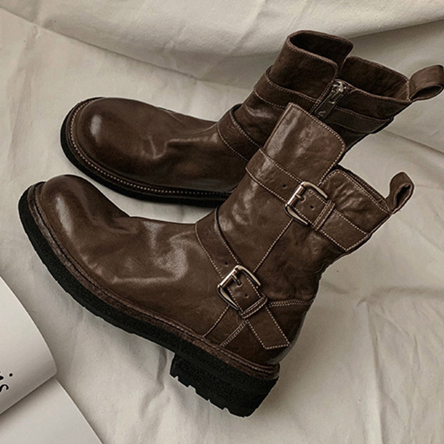 Women's Edgy Buckle Boots: Statement Dual Straps & Sleek Side-Zipper Access