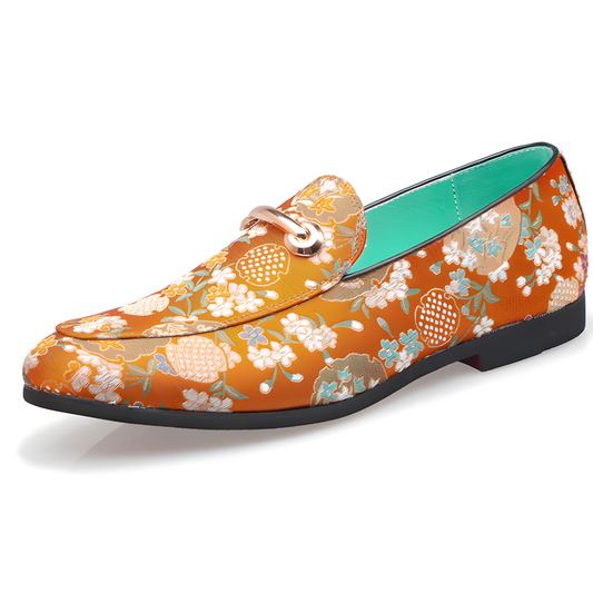 Men's Floral Pattern Loafers Orange & Green Slip-On Dress Shoes