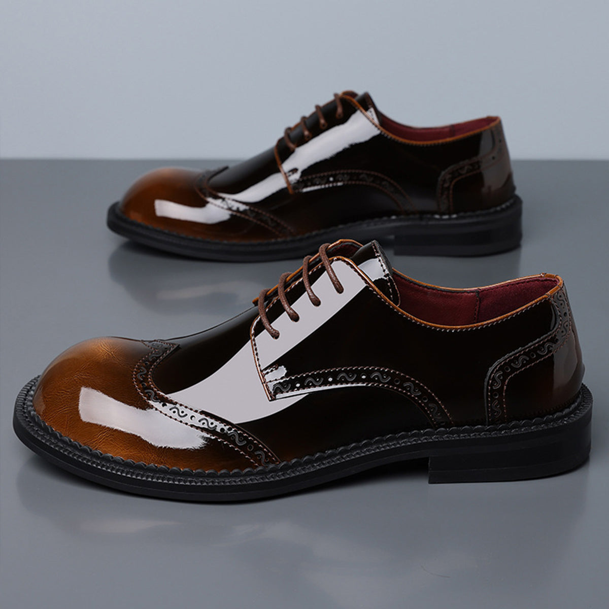 Men's Glossy Brogue Derby Shoes | with Contrast Panels