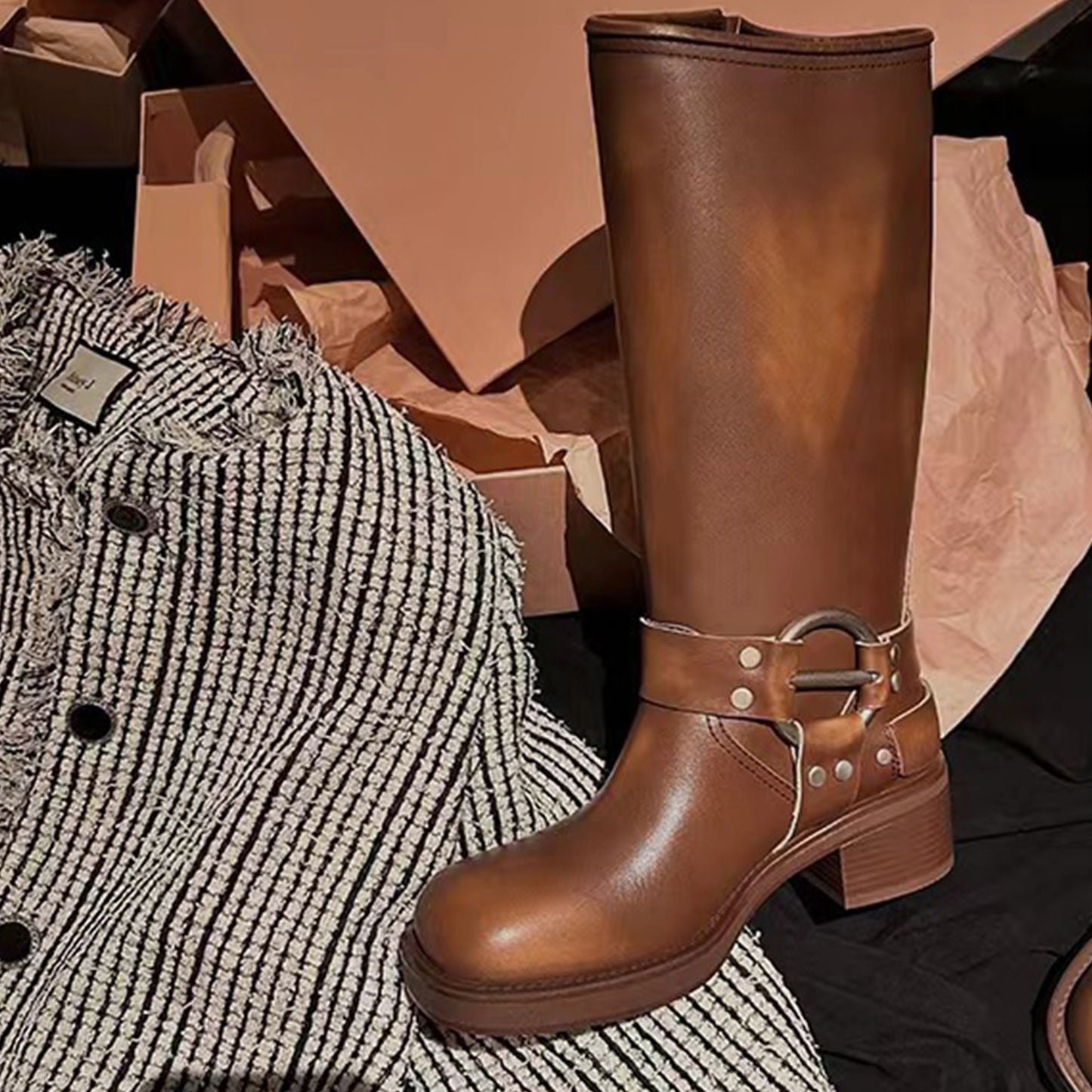 Women's Knee-High Boots with Edgy Metal Buckle Detail & Chunky Heel