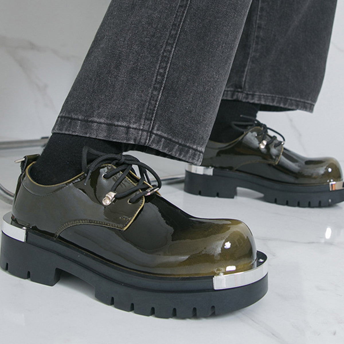 Men's  Glossy Derby Shoes | with Metal Toe Cap & Chunky Lug Sole