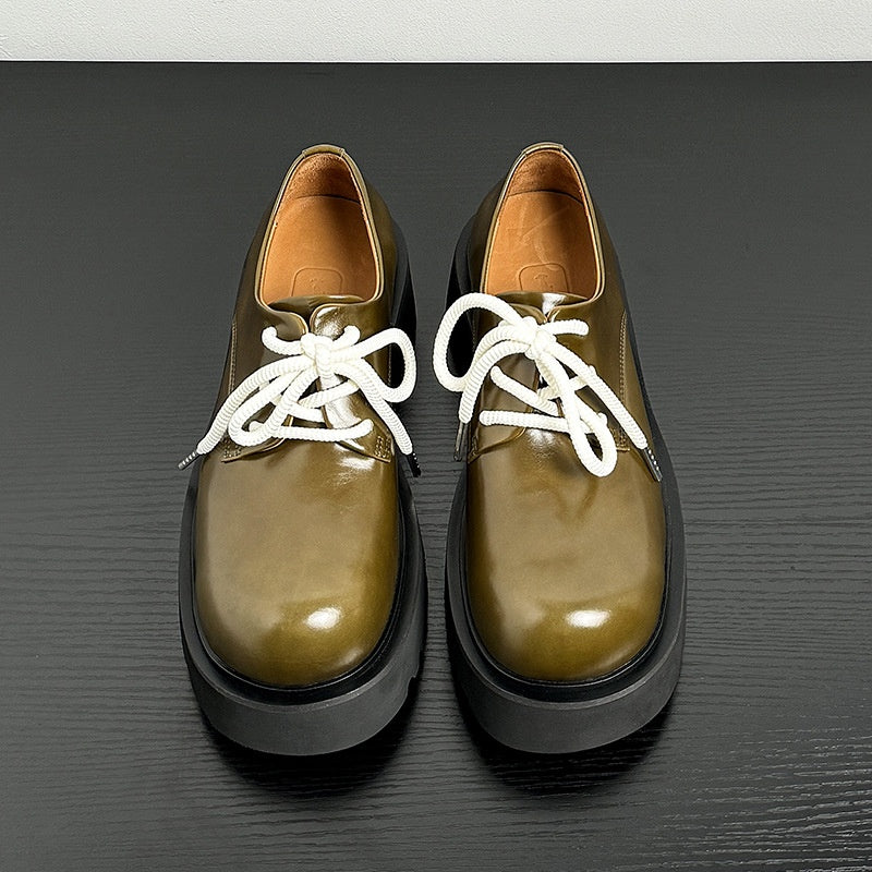 Calf Leather Derby Shoes Round Toe Slip Resistant Heightened Sole Avocado Green