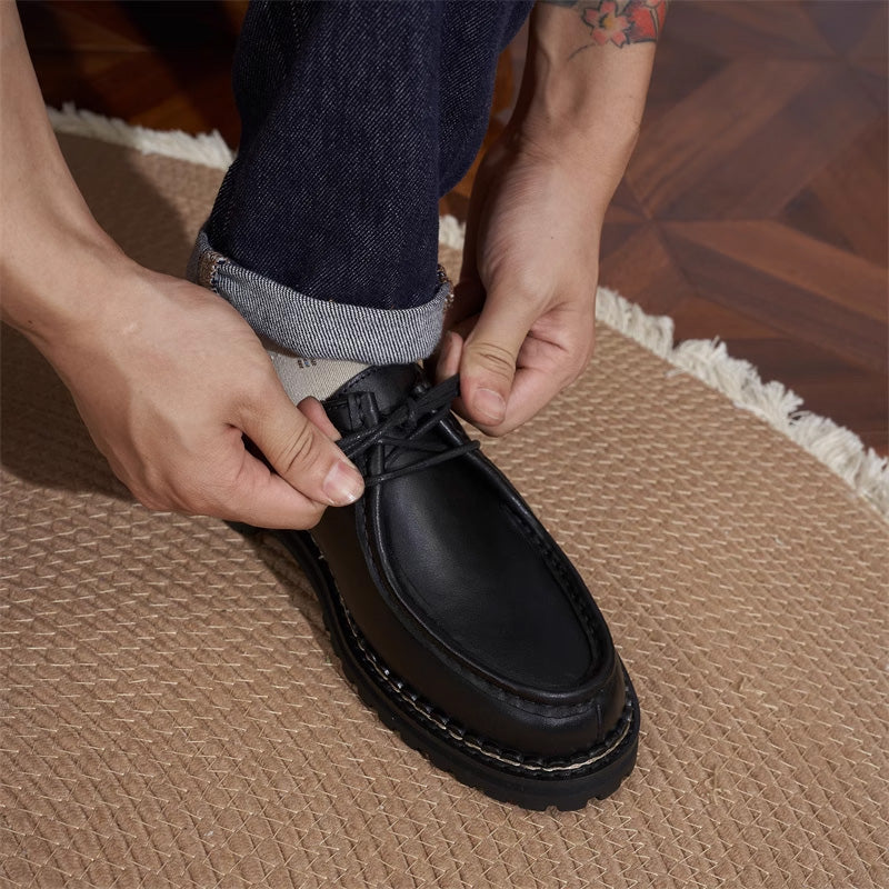 Men's Moccasin Shoes: Rounded Toe with Decorative Stitching and Lacing