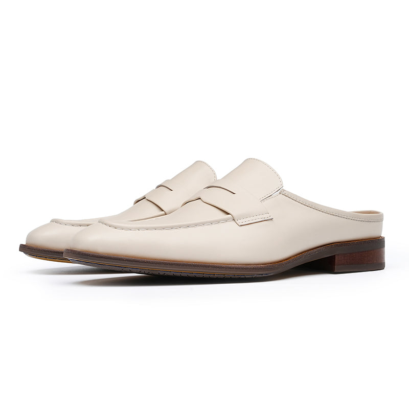 Men’s Cream Leather Backless Loafers