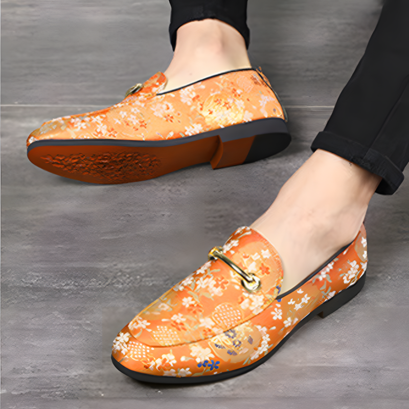 Men's Floral Pattern Loafers Orange & Green Slip-On Dress Shoes
