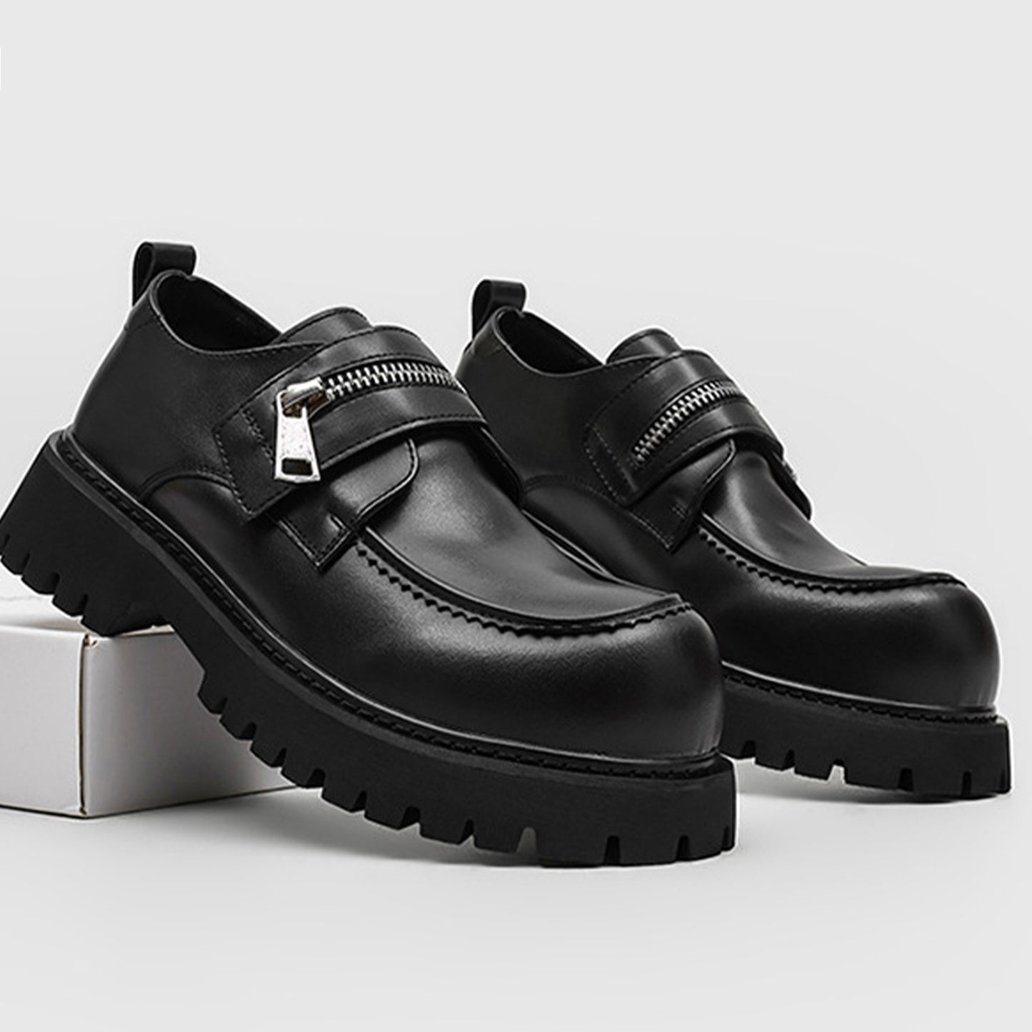 Men's Loafers Shoes: Chunky Platform Sole with Double-Strap Zipper Detail