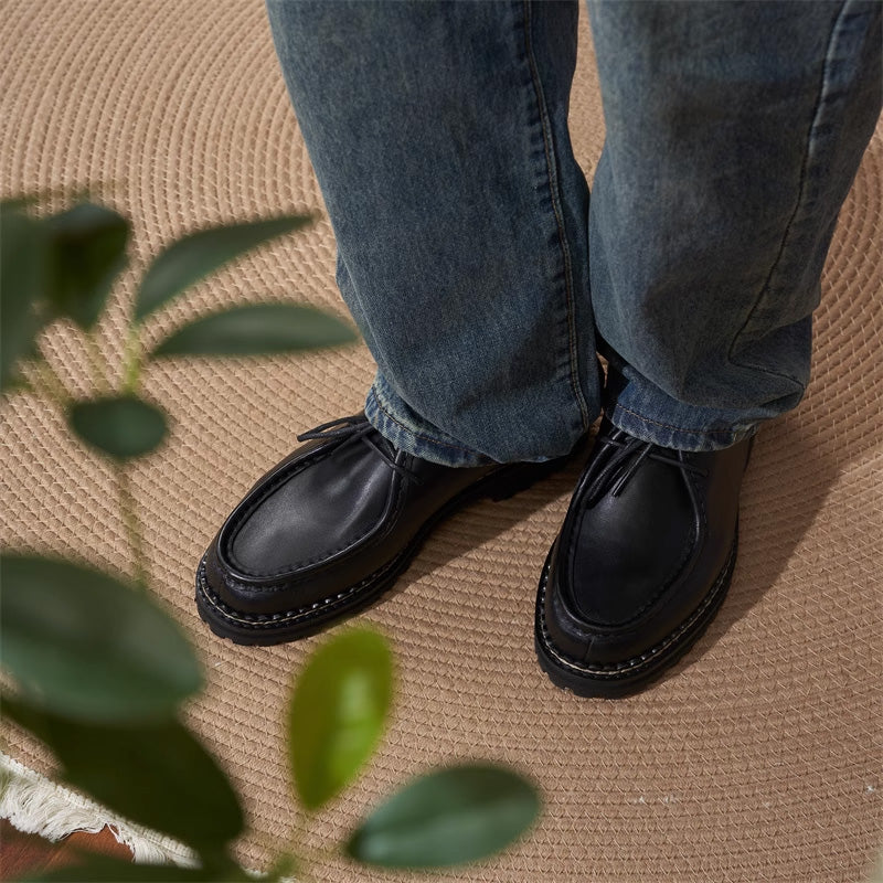 Men's Moccasin Shoes: Rounded Toe with Decorative Stitching and Lacing