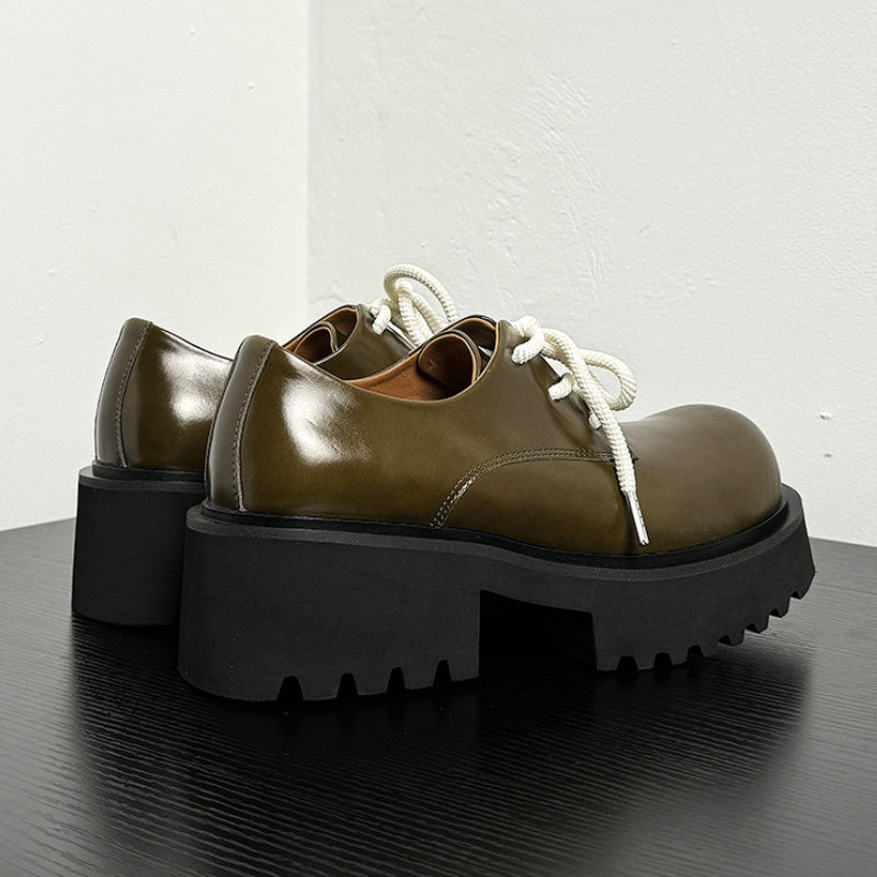 Calf Leather Derby Shoes Round Toe Slip Resistant Heightened Sole Avocado Green