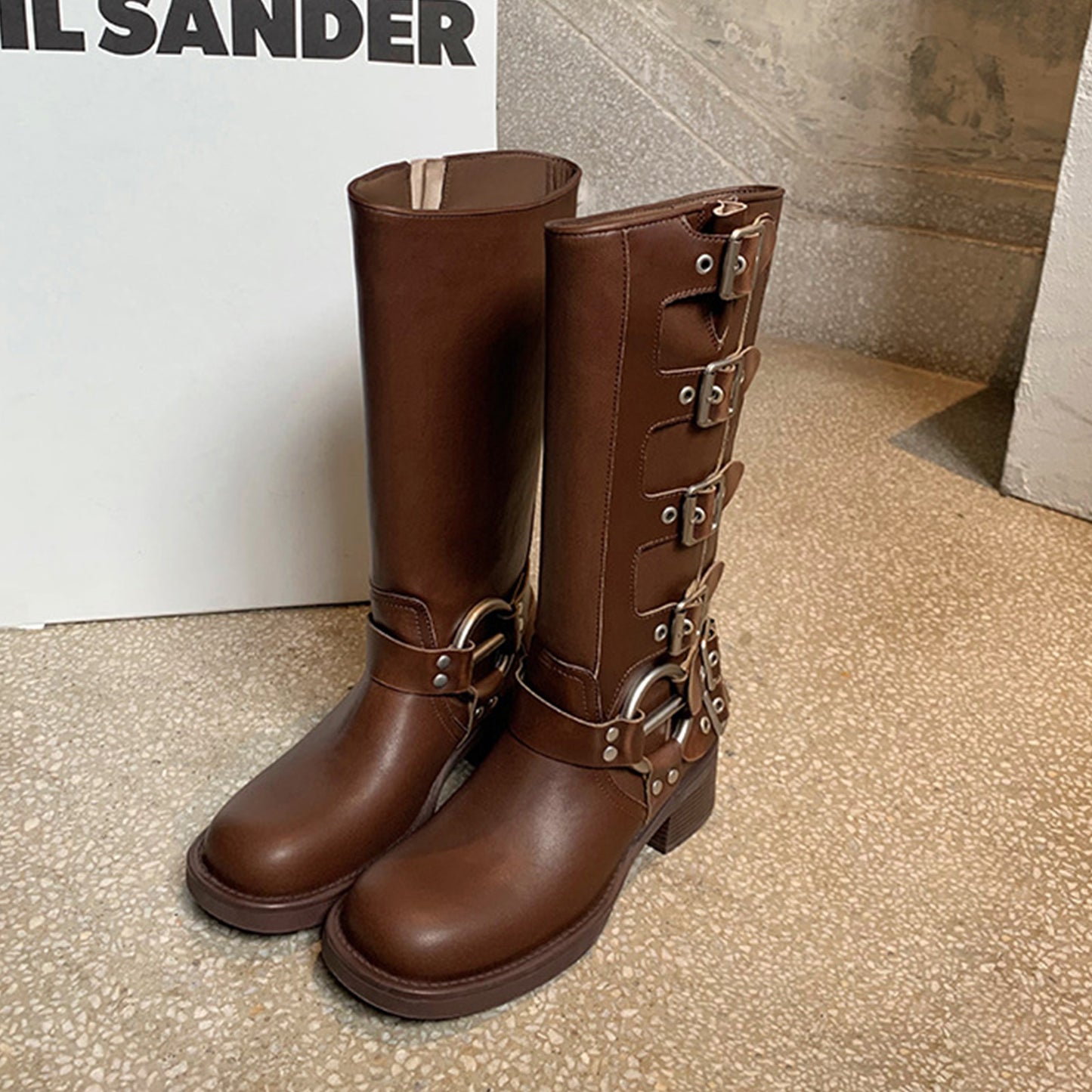 Women's Knee-High Boots with Edgy Metal Buckle Detail & Chunky Heel