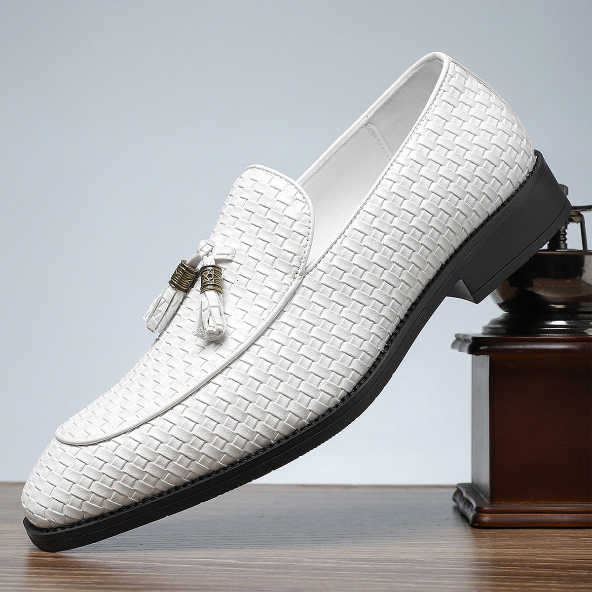 Men's Woven Tassel Loafers | with Square Toe & Low Block Heel