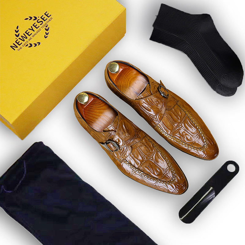 Men's Crocodile-Embossed Monk Strap Shoes Sharp Toe