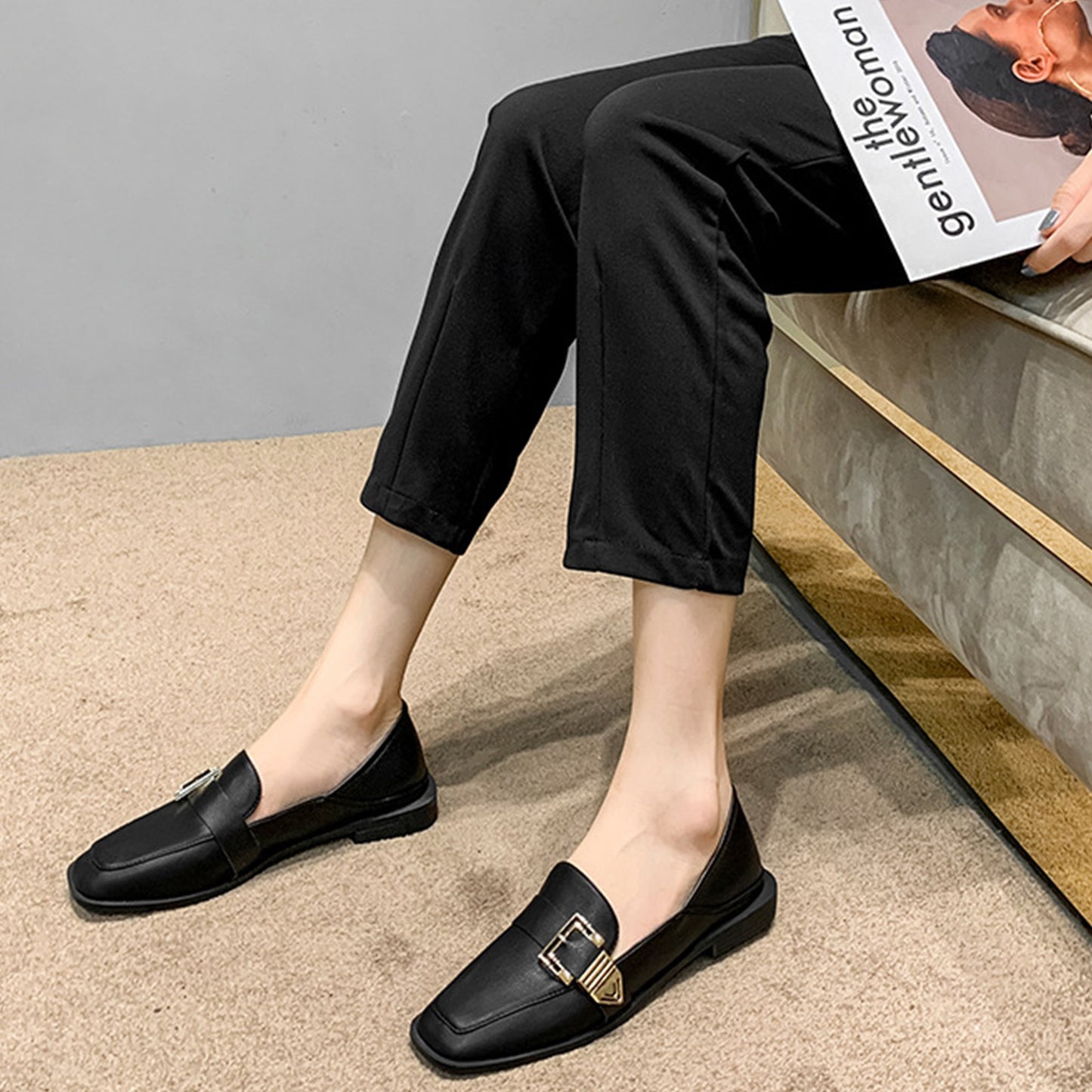 Square-Toe Loafers for Women with Statement Metallic Buckle