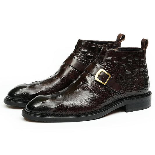 Men's Leather Chelsea Boots with Adjustable Buckle & Elastic Sides