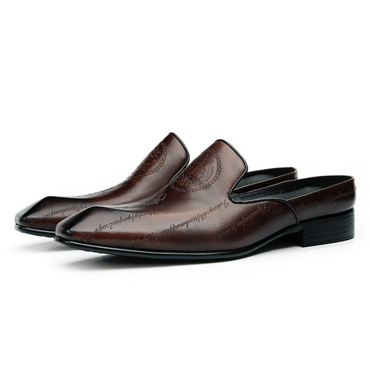Men's Slip-On Mules - Artisanal Motifs & Leather Sophistication