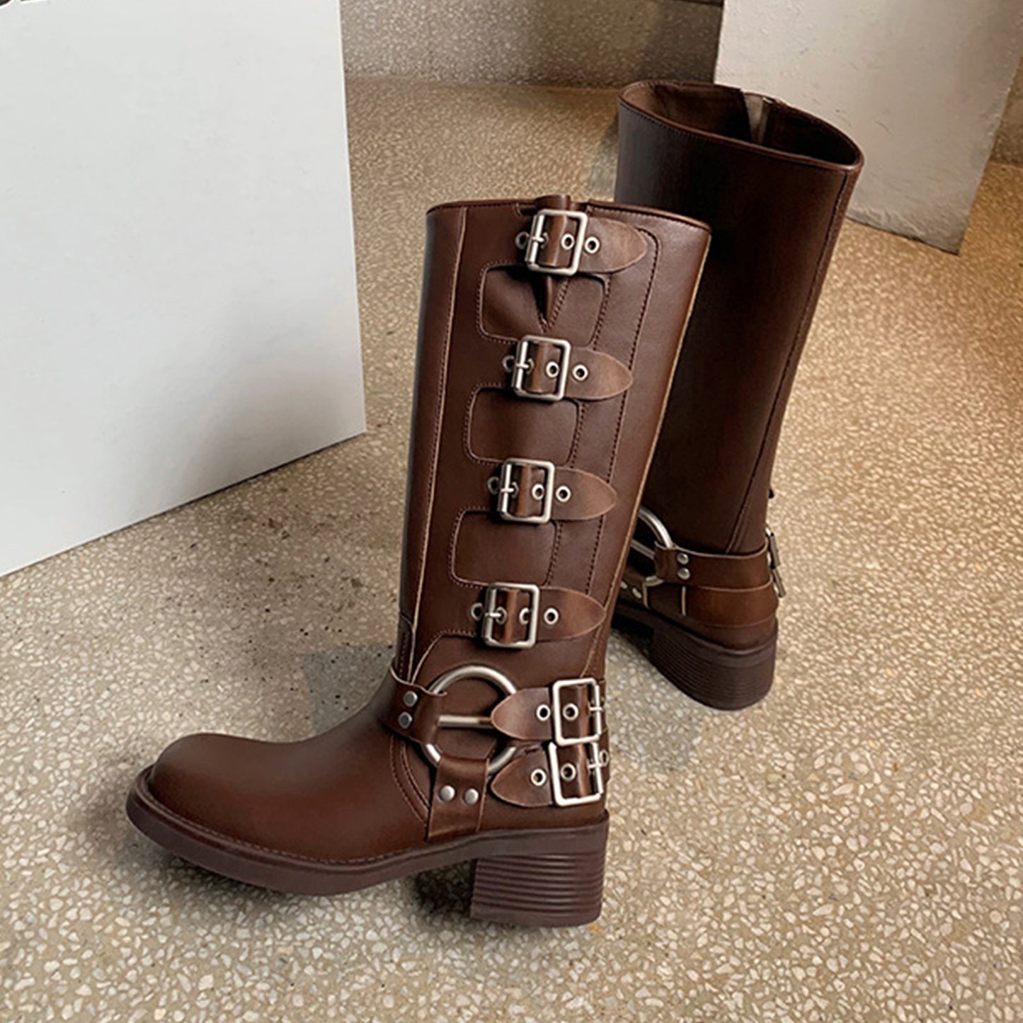 Women's Knee-High Boots with Edgy Metal Buckle Detail & Chunky Heel