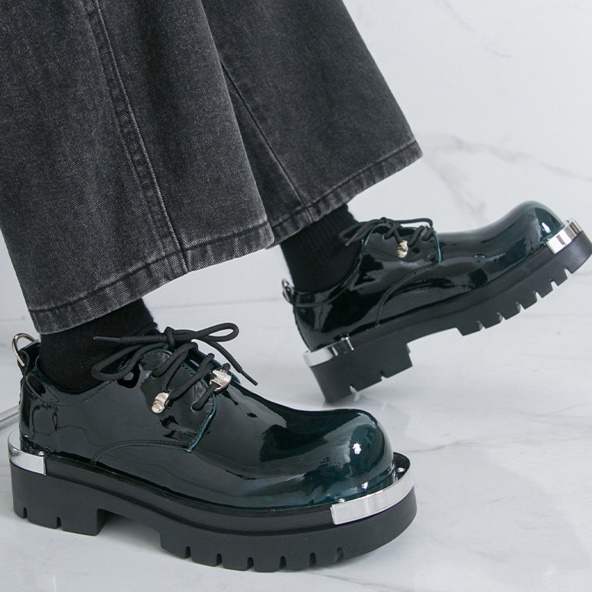 Men's  Glossy Derby Shoes | with Metal Toe Cap & Chunky Lug Sole