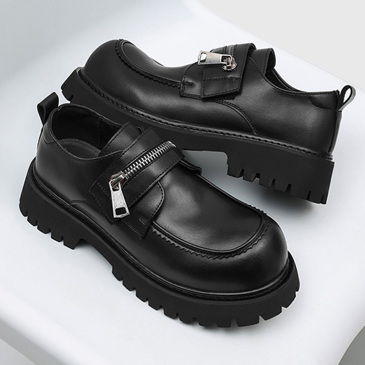 Men's Loafers Shoes: Chunky Platform Sole with Double-Strap Zipper Detail
